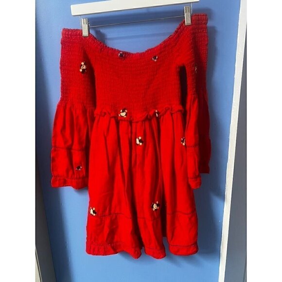 FREE PEOPLE Red Off-Shoulder Smocked Dress, Embroidered Floral, Flare Sleeve, XS - Picture 2 of 9